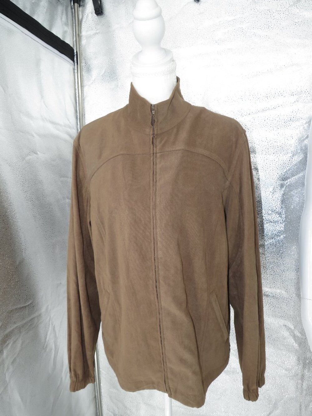 Orvis Brown Faux Suede Jacket Womens Size 10 Zip Mock Neck Lightweight Utility